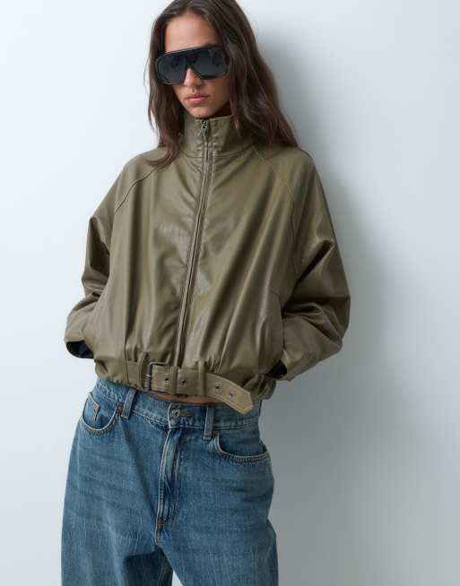 JJXX faux leather funnel neck jacket in olive green, 2 of 5