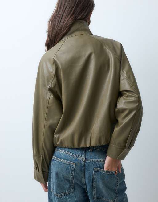 JJXX faux leather funnel neck jacket in olive green, 4 of 5
