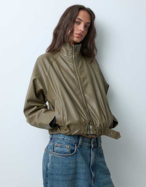 JJXX faux leather funnel neck jacket in olive green, 5 of 5