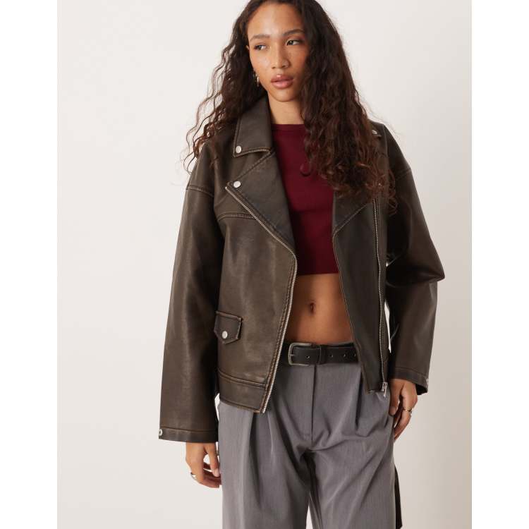 JJXX faux leather moto jacket in brown vintage | ASOS