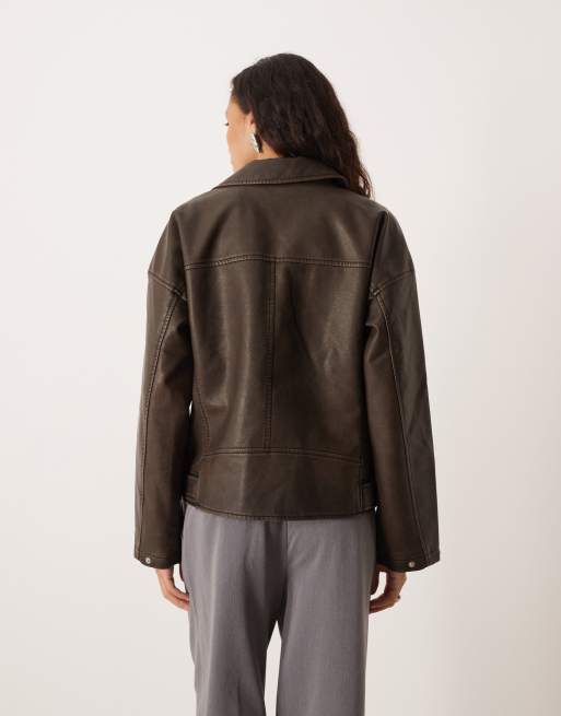 JJXX faux leather moto jacket in brown vintage | ASOS