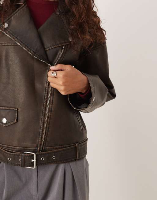 JJXX faux leather moto jacket in brown vintage | ASOS