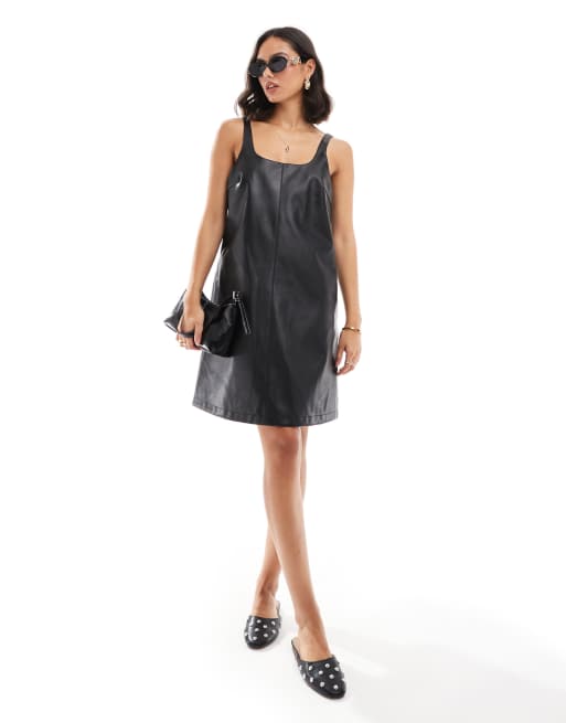 JJXX faux leather pinafore dress in black