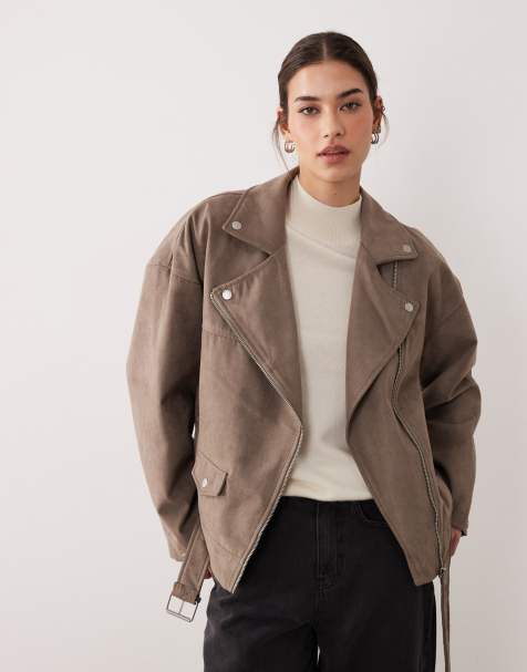 JJXX faux suede biker jacket in light brown
