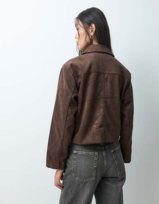 JJXX faux suede jacket with pocket detail  in brown, 4 of 5