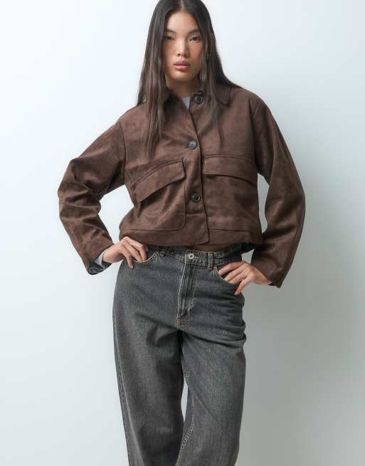 JJXX faux suede jacket with pocket detail  in brown, 5 of 5