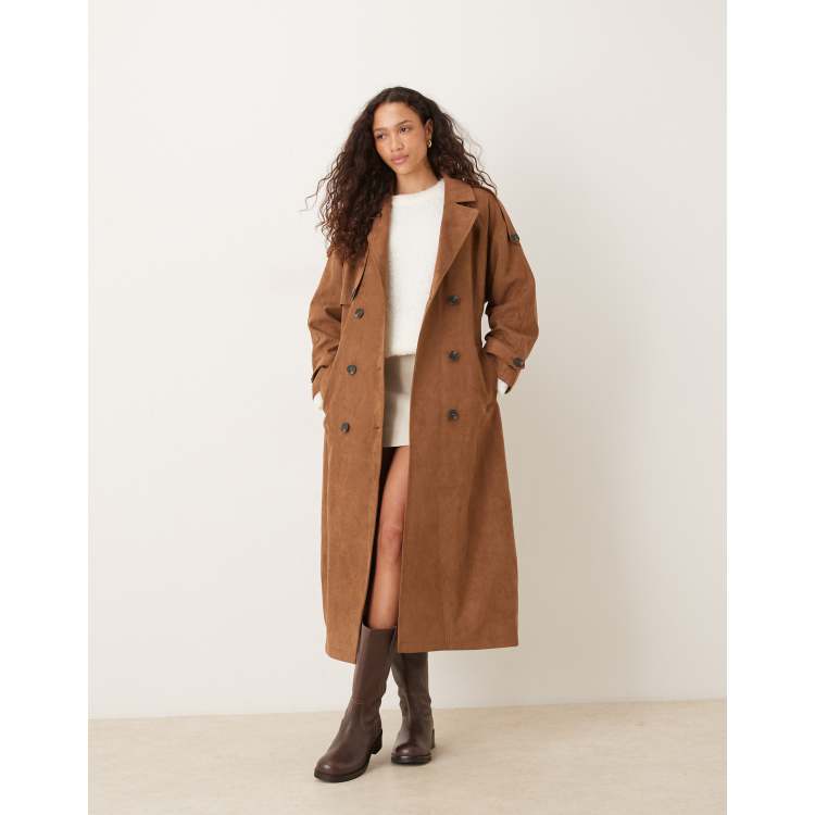 JJXX faux suede trench coat in brown | ASOS