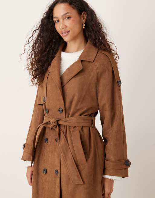 JJXX faux suede trench coat in brown | ASOS