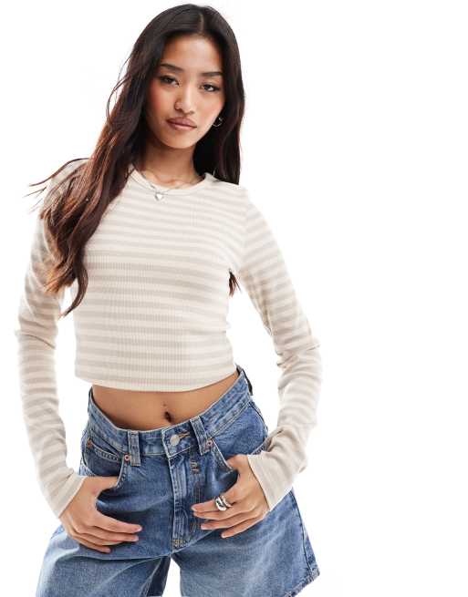 JJXX - Feline - Cropped geribbeld T-shirt met lange mouwen en strepen in beige