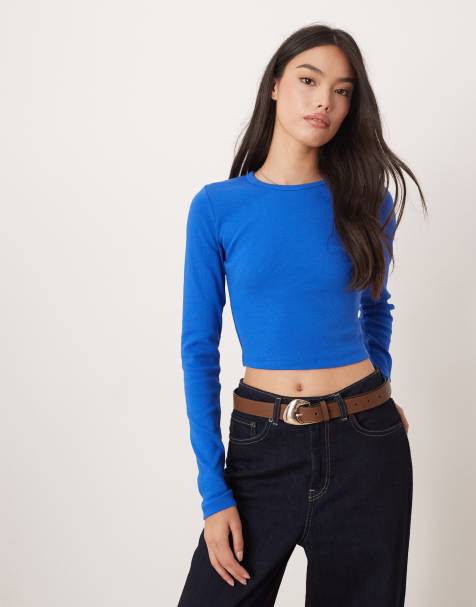 JJXX Feline long sleeve ribbed T-shirt in blue - view 1