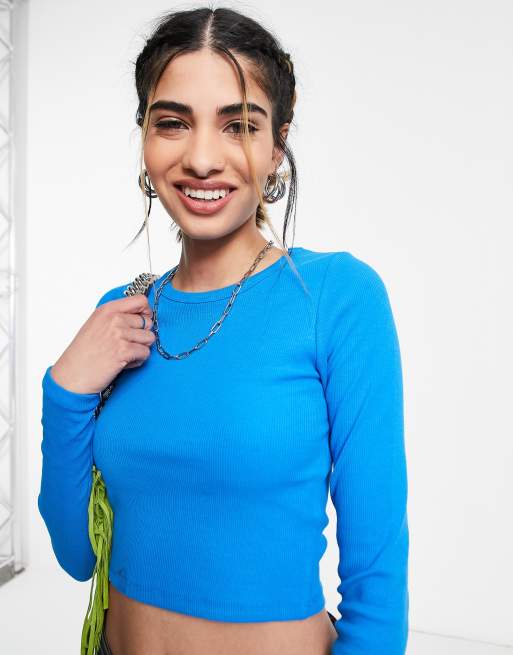 JJXX Feline ribbed crop top in bright blue