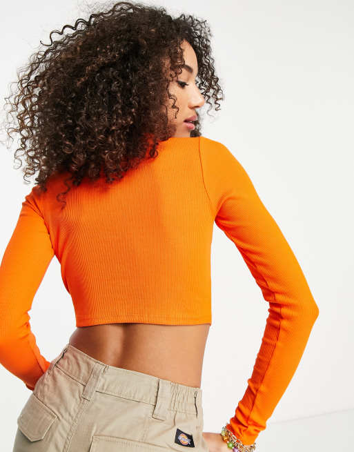 JJXX Feline ribbed crop top in bright orange, 2 of 4