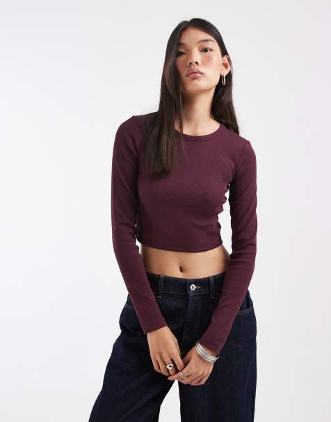 JJXX Feline ribbed crop top in deep burgundy - view 1