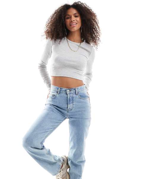 JJXX Feline ribbed crop top in light gray - view 1
