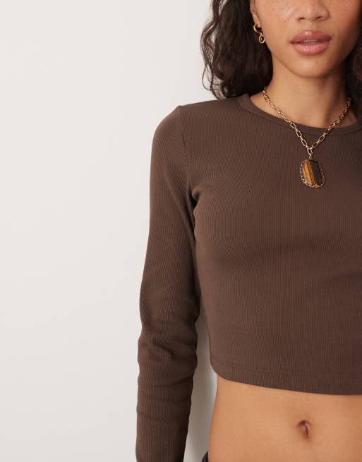 JJXX - Feline - T-shirt marrone a coste a maniche lunghe, 4 di 4
