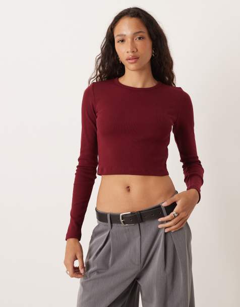 JJXX – Feline – Vinröd, ribbad t-shirt med långa ärmar - view 1