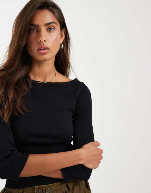 JJXX Fifi boat neck long sleeve t-shirt in black | ASOS