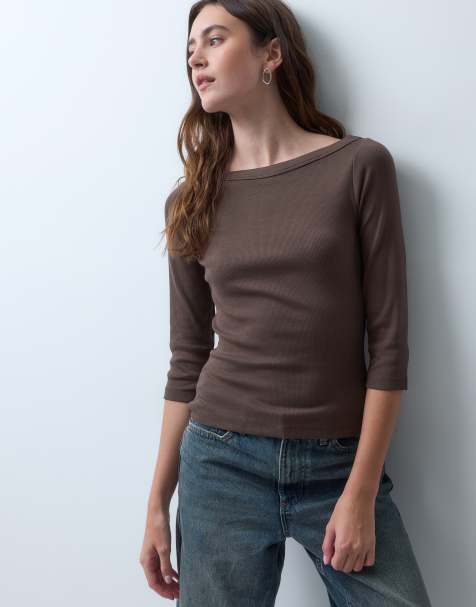 JJXX Fifi boat neck long sleeve t-shirt in brown - view 1