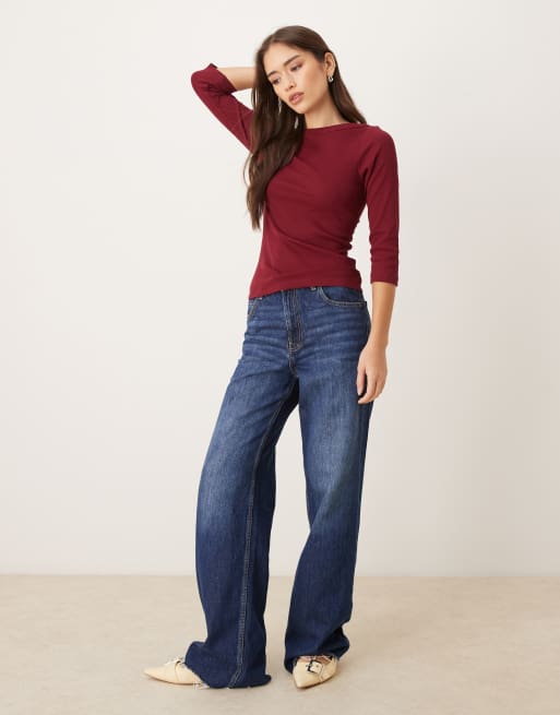 JJXX Fifi boat neck long sleeve t-shirt in burgundy | ASOS