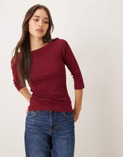 JJXX – Fifi – Bordowy T-shirt z długimi rękawami i dekoltem w łódkę