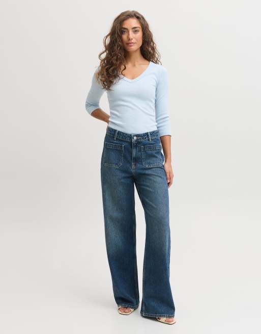 JJXX Fifi stretch fit v-neck 3/4 sleeve top in blue, 3 of 7