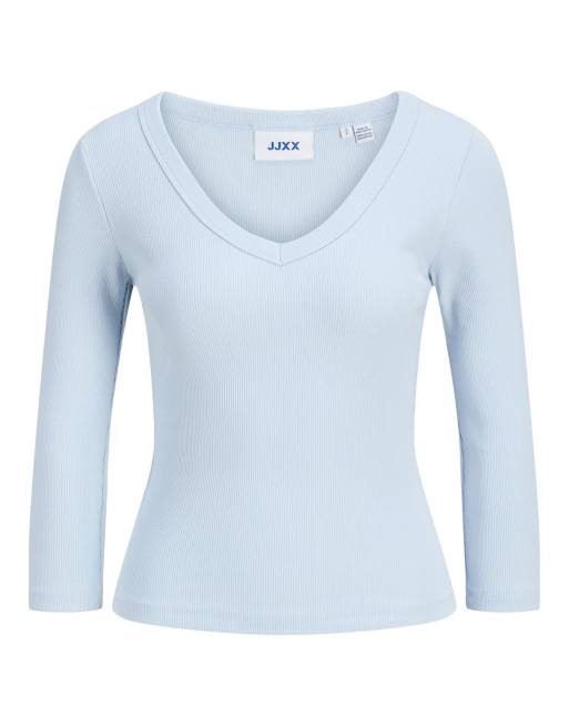 JJXX Fifi stretch fit v-neck 3/4 sleeve top in blue, 7 of 7