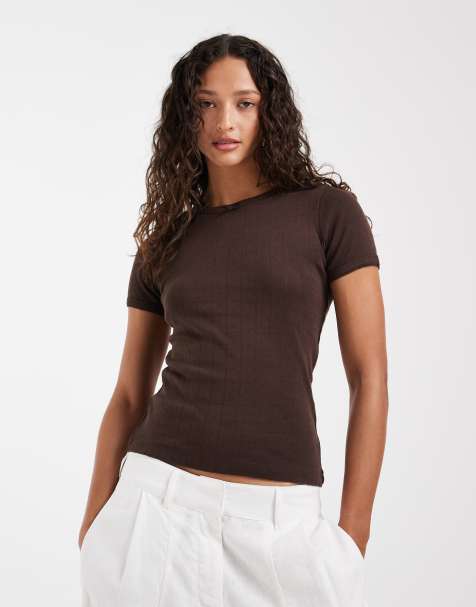 JJXX fitted pointelle top in brown - view 1