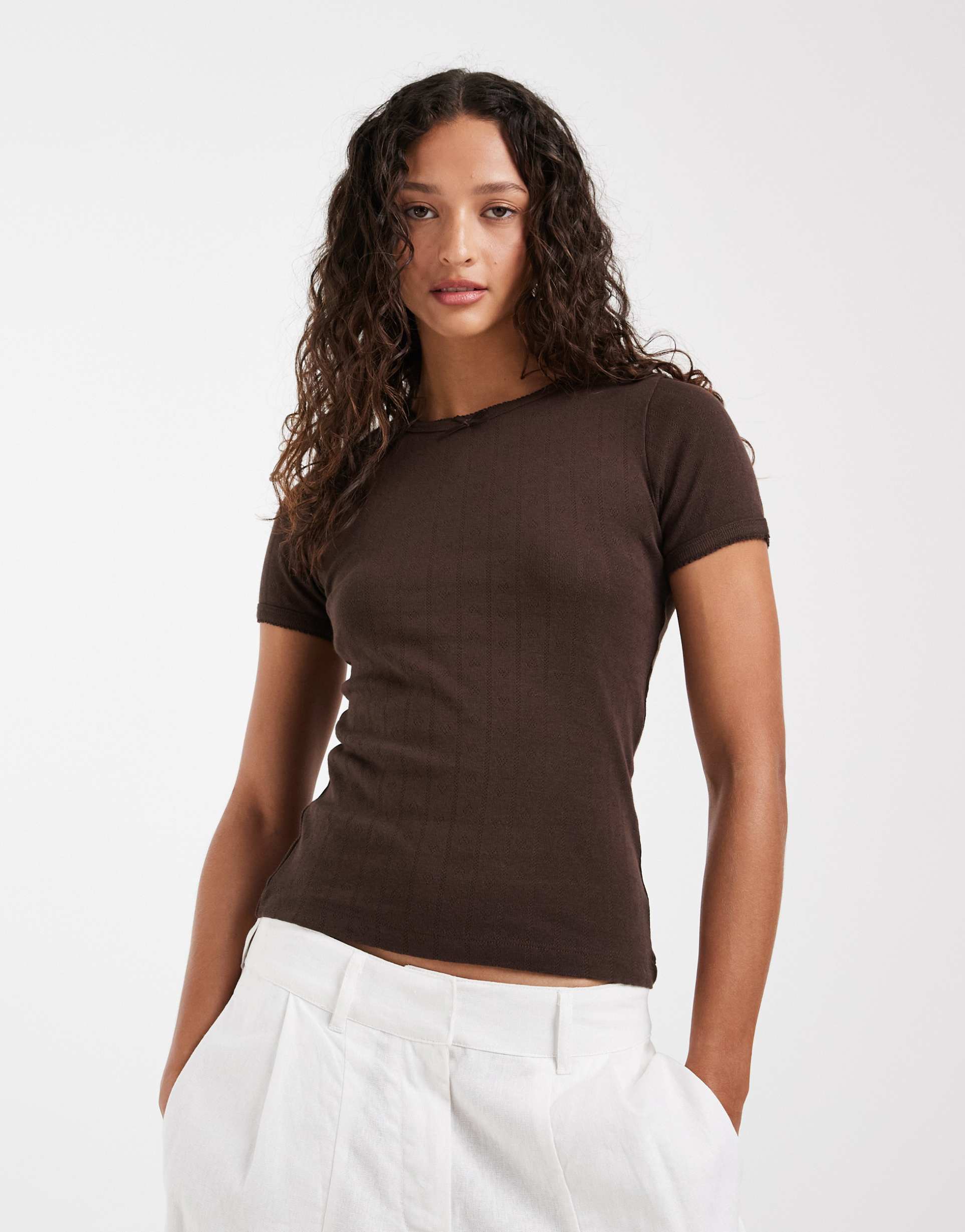 jjxx fitted pointelle top in brown