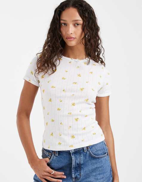 JJXX fitted pointelle top with lemon print in white - view 1