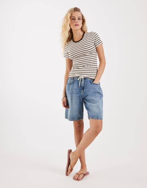 JJXX fitted tee in cream and black stripes - view 1