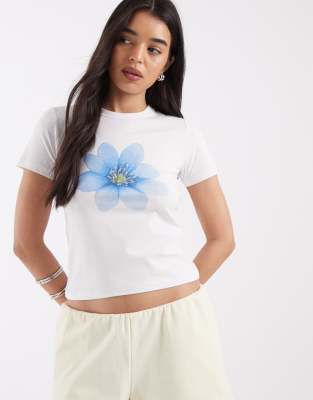 Jjxx Fitted Tee With Blue Flower Print In Gray