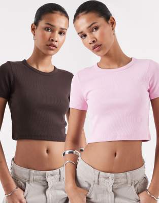 Florie - Lot de 2 t-shirts crop top côtelés - Marron et rose-Brown 44