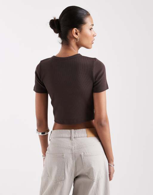 JJXX - Florie - Lot de 2 t-shirts crop top côtelés - Marron et rose, 4 de 4