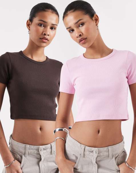 JJXX Florie ribbed cropped baby t-shirt two pack in brown & pink - view 1