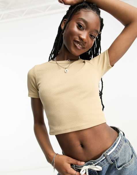 JJXX - Florie - Ribstrikket cropped baby-t-shirt i beige - view 1