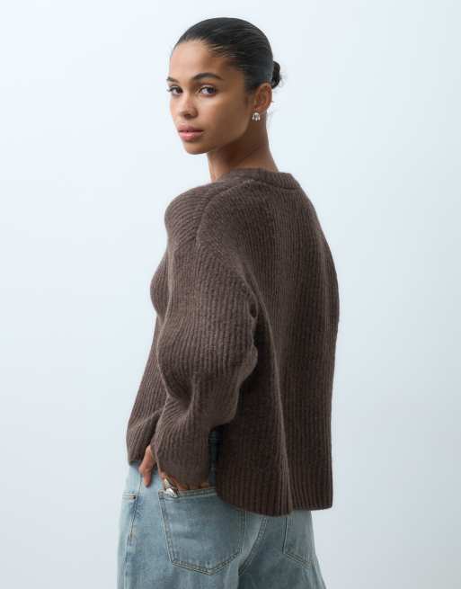 JJXX fluffy cropped ribbed jumper in brown, 3 of 5