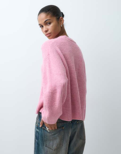 JJXX fluffy cropped ribstrikket trøje i lyserosa, 4 af 5