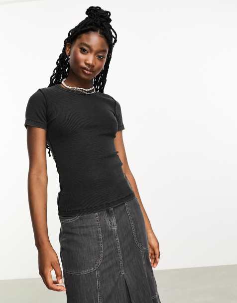 JJXX Frankie ribbed t-shirt in washed black