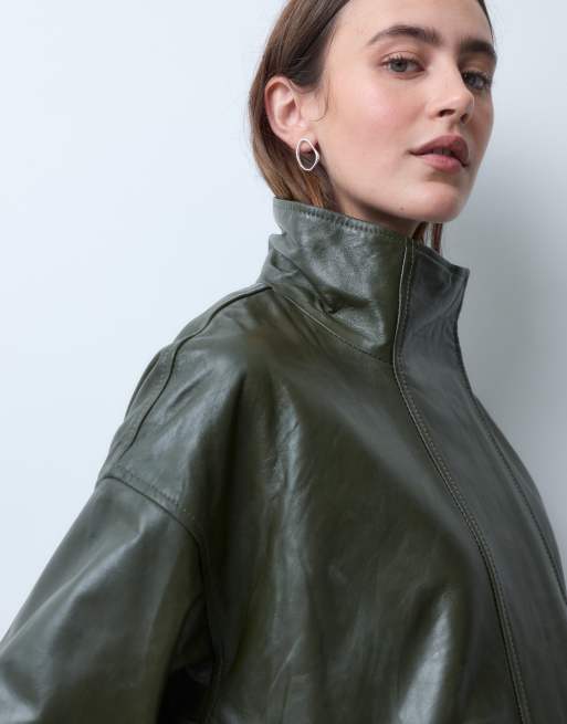 JJXX funnel neck leather jacket in sage green, 3 of 4