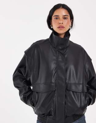 Jjxx Funnel Neck Pu Leather Bomber Jacket In Black