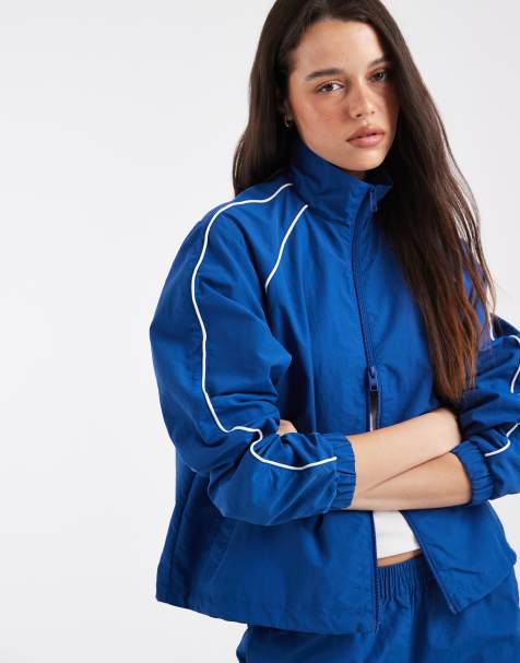 JJXX funnel neck track jacket with contrast piping in cobalt blue - view 1