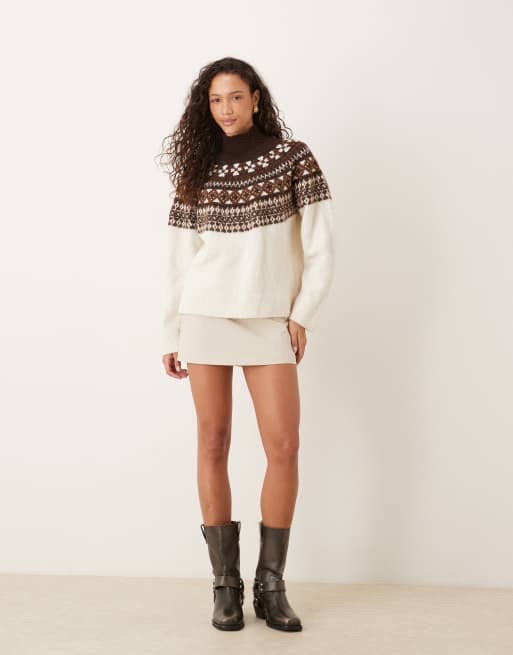 JJXX - Gebreide coltrui met fairisle print in crème, 2 van 4