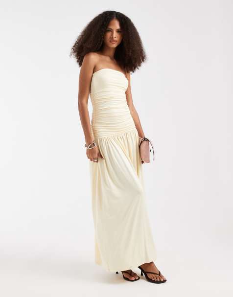 JJXX – Gerafftes, trägerloses Maxikleid in Buttergelb - view 1