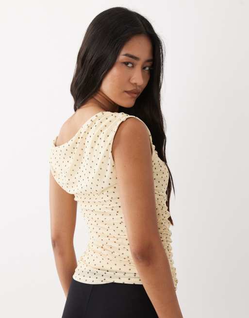 JJXX – Gerafftes, transparentes Netzstoff-Oberteil in Gelb mit Polka Dots, 4 von 4