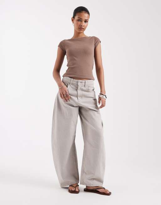 JJXX - Geribbeld T-shirt met boothals in beige, 2 van 4