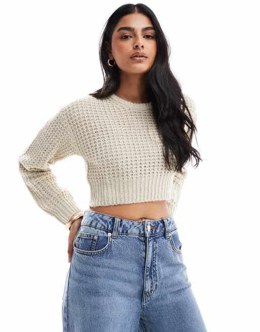 JJXX – Gerippter, kastiger Pullover in meliertem Beige mit kurzem Schnitt
