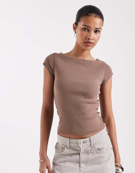JJXX – Geripptes T-Shirt in Beige mit U-Boot-Ausschnitt - view 1
