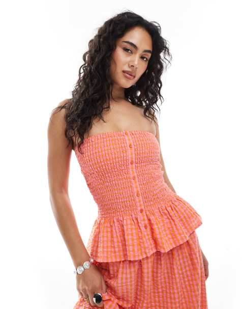 JJXX - Geruite bandeau top in roze oranje, deel van co-ord set - view 1