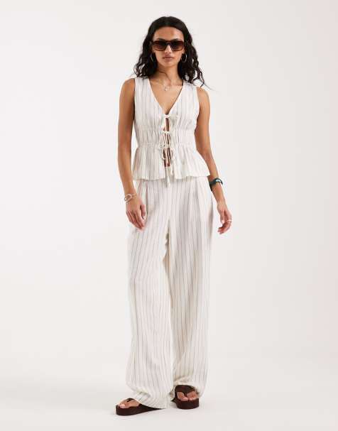 JJXX - Gestreepte broek van linnenmix in wit, deel van co-ord set - view 1