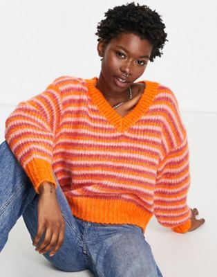 JJXX – Gestreifter Pullover in leuchtendem Orange und Rosa mit V-Ausschnitt